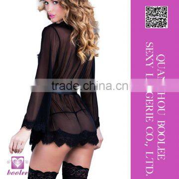 Women's Eyelash Lace Robe Sheer Mesh Kimono Sleepwear Matching G-string
