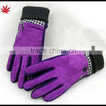 New fashion women's purple Sheepsuede glove with black knitted rib top