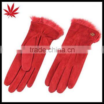 Winter fashion warm red pig suede velvet Rabbit fur leather gloves