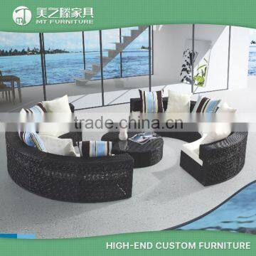 2016 new design black round semi-circle sectional rattan half moon sofa with white cusions