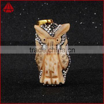 Imitation ox bone carved owl with zircon pendant bead, lovely antique gold plated owl pendant necklace animal jewelry