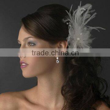 Stunning White Feather & Clear Rhinestone Flower Hair Clip Wedding Hair Accessories