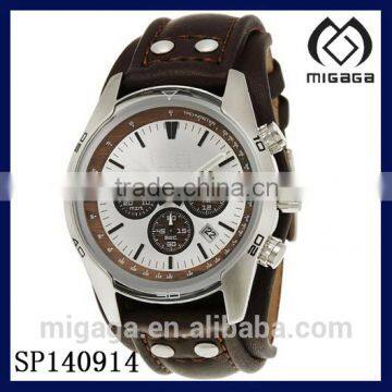 Men's Cuff Chronograph Tan Leather Watch/fashion brown leather strap chronograph quartz sporty watch