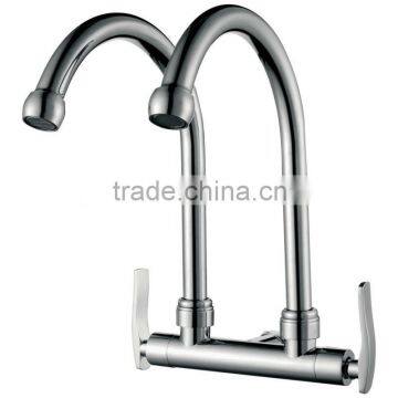 High Quality Brass 2 Way Cold Tap, Double Handle and Spout, Polish and Chrome Finish, M1/2" Wall Mounted