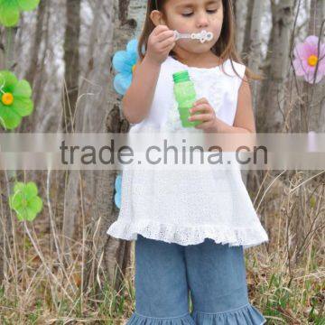 2015 Lovely design cotton lace top with Double Ruffle jeans pants Clothing sets