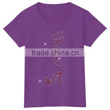 Red High Heels Short Sleeves Rhinestone Girls Soft Cotton Plain Tshirts photo-4