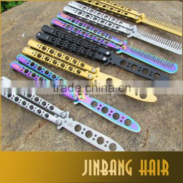 2016 high quality hot salon stainless professional hair comb balisong butterfly knife trainer comb