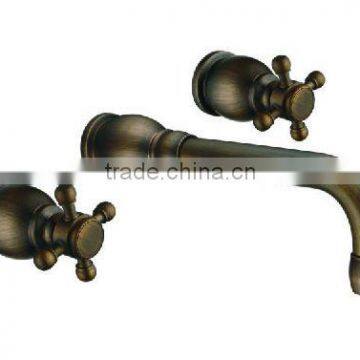 double handle 3 hole antique wall-mounted brass copper basin faucet tap