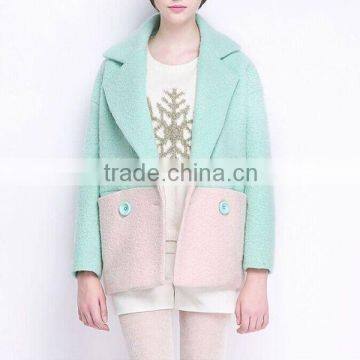 New collection trendy woolen coat sexy lady patchwork contrast color overcoat