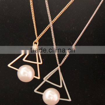 Beauty gold long Chain Necklace with a Pearl on Triangle