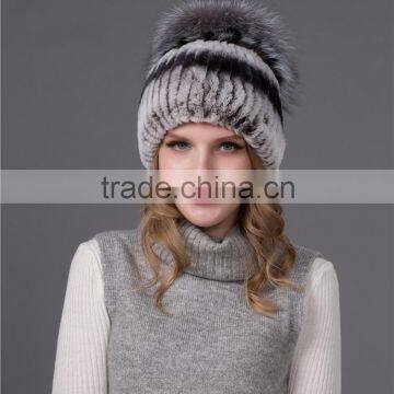 Winter Fashion Genuine Rex Rabbit Fur With Sliver fox fur ball Russian Style Winter Fur Hat