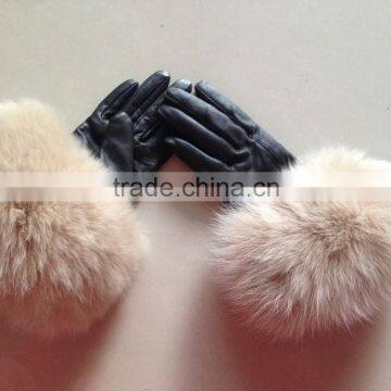 High Quality Sheepskin Leather Gloves With Fox Fur Trim Gloves photo-4