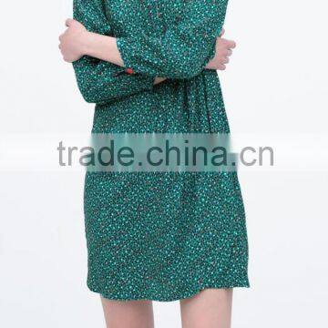 2015 Summer Long Sleeve Pleat With Zipper Front Placket Print Rayon Fashion Dress - SYK15024 photo-2