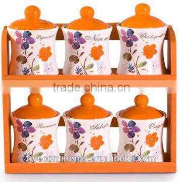 Italy romantic ceramic 6pcs canistes set with orange wood stand