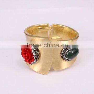 Fashion Gold Electroplated Brass Bangles, with Flower Cinnabar Jade and Agate Crystal Paved Druzy Jewelry Bangles Adjustable