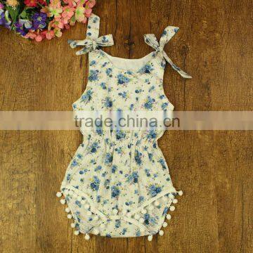 Wholesale Baby Clothes Cheap Girl Floral Knit Cotton Romper With Pom Pom Cotton Baby Clothing Floral Vintage Girls Bodysuits photo-3