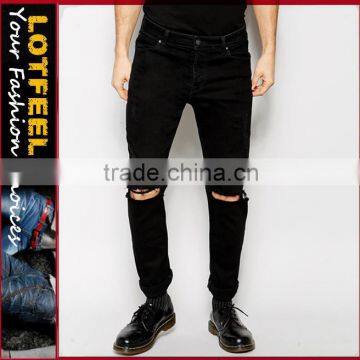 c d jeans Distressed denim man black jeans pant with Rip Knee jeans suppliers bangladesh jeans laser marking c (LOTA042)