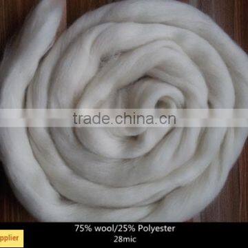 28mic Raw White Blended Wool Top Roving Fiber 75% Uruguay Wool/25% Polyester Spinning Felting Weaving