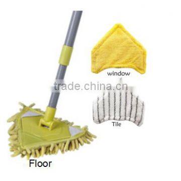 EXTENDING HANDLE FLOOR WINDOW TILE CLEANER 3 CLEANING HEADS BATHROOM KITCHEN MOP