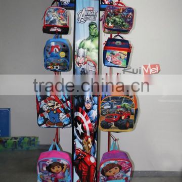 Red metal hanging bag display stand