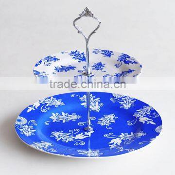 2 Layers Round Porcelain Cake Plate, 2pcs Set Plate With Decal and Iron Holder photo-3