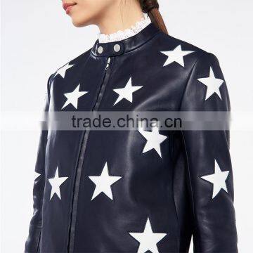 Fashion Contrasting Coloured Stars Cropped Leather Jackets for Women photo-5