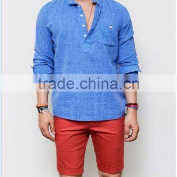 Men's Long Sleeve Blue Laid-back Holiday Linen Pull Over Henley Mandarine Shirt photo-3