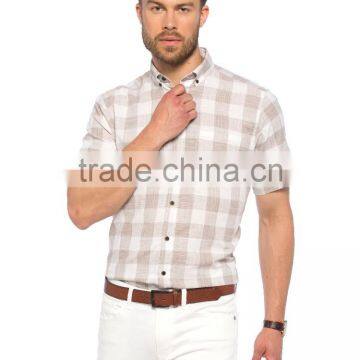 Beige Regular Short Sleeve check Buttoned Shirt