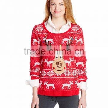 Women Red Sweater Reindeer Christmas Jacquard Pattern Christmas Jumper