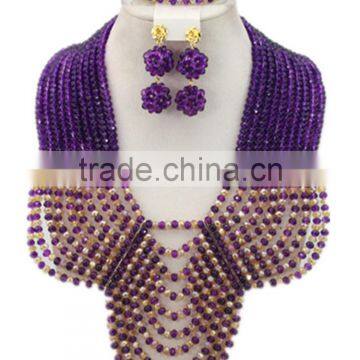 10layers Purple Crystal Beads with Brooches Nigerian Bridal Jewelry Set