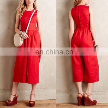 High quality button down shinny red satin middle jumpsuits