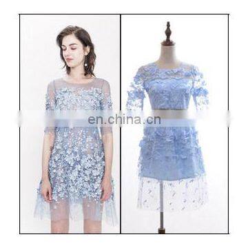 Beautiful fashion girl short sleeve light blue hollow lace transparent dresses