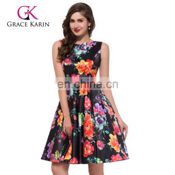 Grace Karin Ladies Cheap Sleeveless Short Retro Cotton Print Dress for fat women CL6086-14