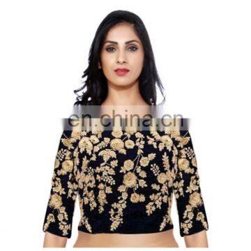 NAVY BLUE RAW SILK EMBROIDERED BOLLYWOOD BLOUSE FOR WOMEN