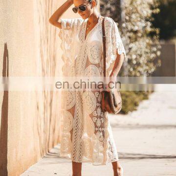 Luxury Long Sea Beach Wrap Dress Elegant Bathing Suit Cover Up White Lace Tunic Beach Sarong Plage Robe Kaftan Women Tunika