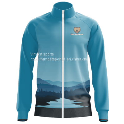 2022 Blue Custom Sublimation Jacket with Mountain and Lake Pattern