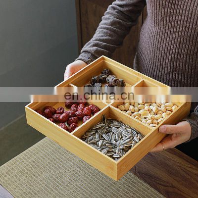 Durable Natural Bamboo 4 Grids Square Nut Dry Fruit Snack Storage Box With Lid Pantry Organizer Kitchen & Tabletop