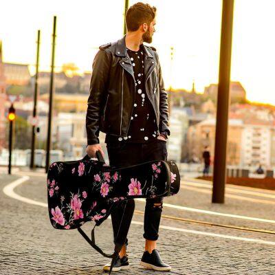 Acoustic Guitar Bag Waterresistant Dual Adjustable Shoulder Strap Guitar Case Bag,Black Pink Flowers and Grass photo-3