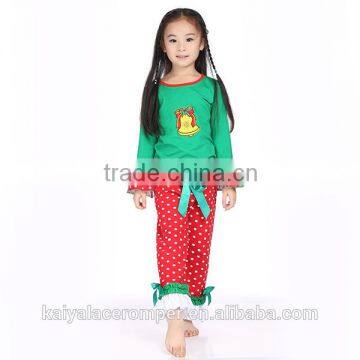 2015 baby girls jingle bell applique top and red polk dot pants set,christmas outfits for kids