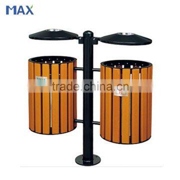 outdoor double wooden cylinder pole dustbin