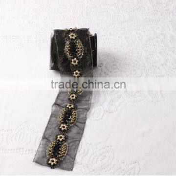 100% Handmade Garment Accessories Black and Gold Color Wholesale Beaded Lace Trim photo-3