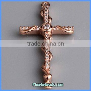 Wholesale Rose Gold CZ Crystal Sideways Cross Bracelet Connectors MC-CZ03C