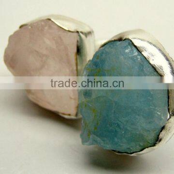 Rose Quartz & Aquamarine Raw Natural Gemstones Ring, Rough Gemstone Adjustable Rings, 925 Solid Sterling Silver Jewelry