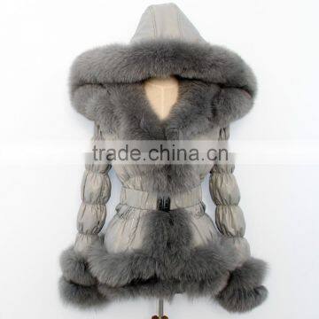 New style grey down coat with fox fur trim and fur hood