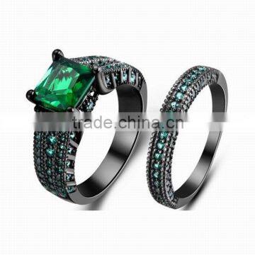 2 PCS Ring Set Green Cubic Zirconia Wedding Ring New Coming Black Gold Filled Copper Rings