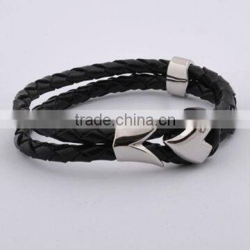 Mens Black Double Leather Bracelet With Stainless Steel(FB20025)