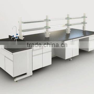 Heavy Duty Sheet Metal & Plywood Biology Lab Central Fabrication Work Table With Reagent Rack