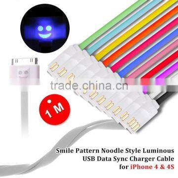 1M colorful Smile Pattern Noodle Style Luminous USB Data Sync Charger Cable for iPhone 4 & 4S/5 White usb cable