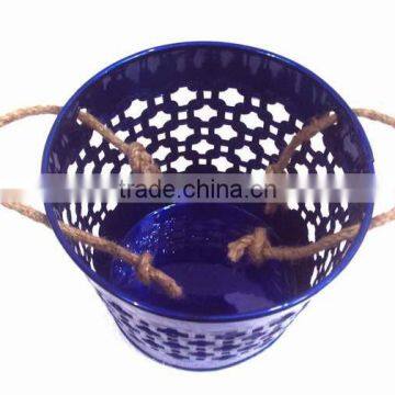 Blue Color Galvanized Metal Planter Pot With Jute Handle for Garden & Home photo-3