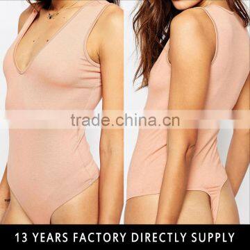 2016 Nude Color Sexy Deep-V Women Thong Nylon Bodysuit